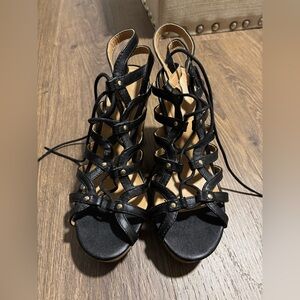 Black and Tan Lace Up Wedge Heels